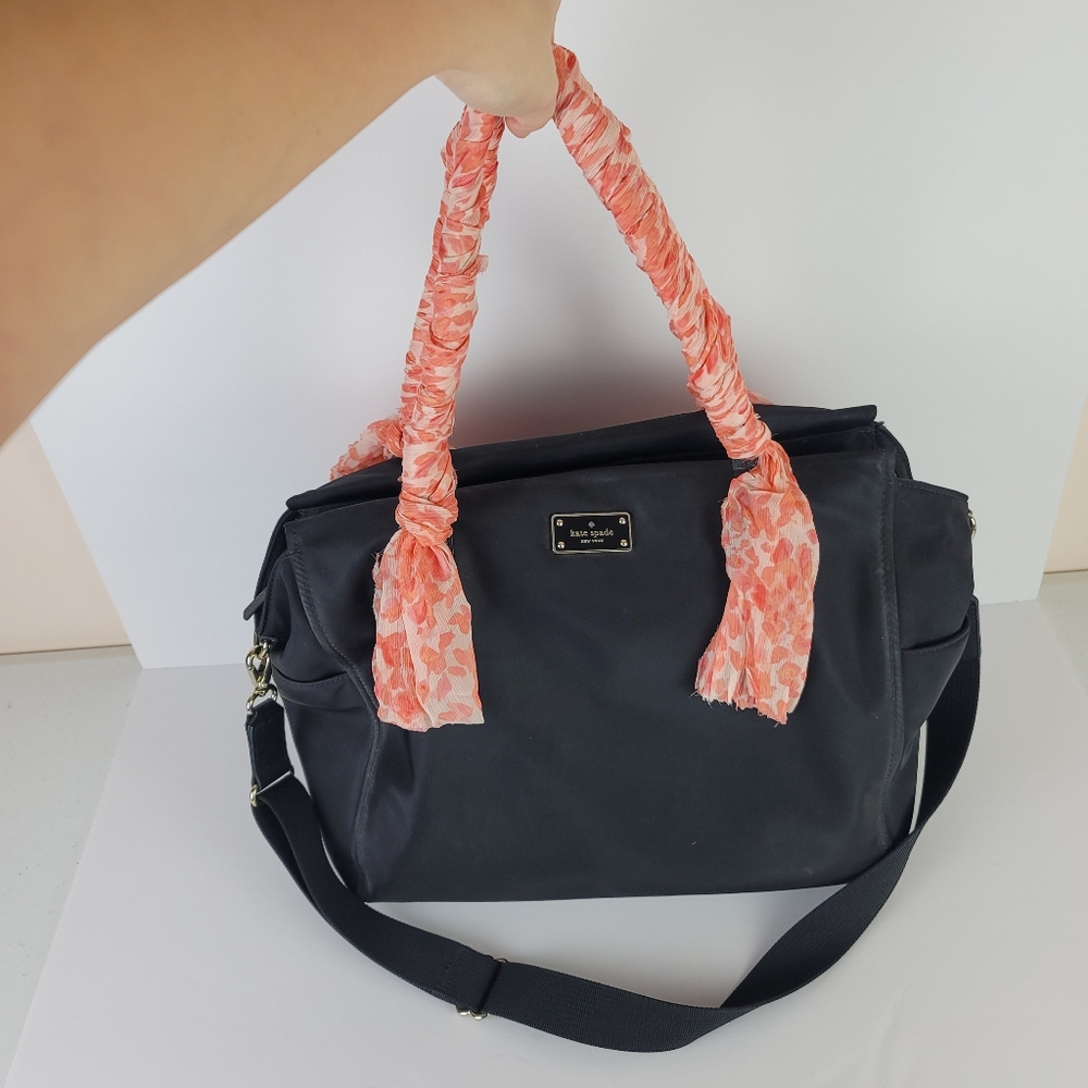 Kate Spade black diaper back, Peachy coral wrapped handles - Picture 1 of 11